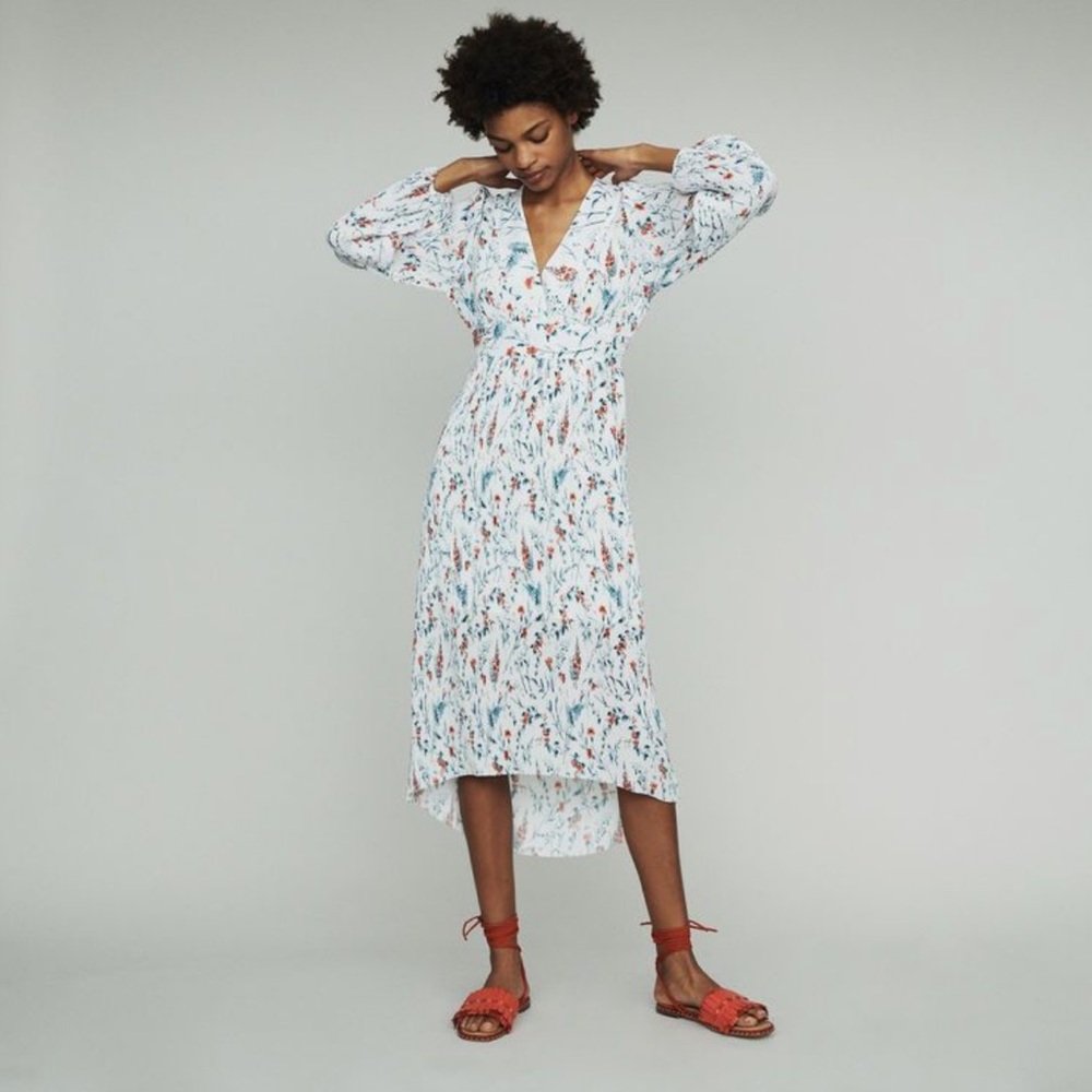 Maje Anthropologie Rasiona Floral Crepe Pleated Midi Dress